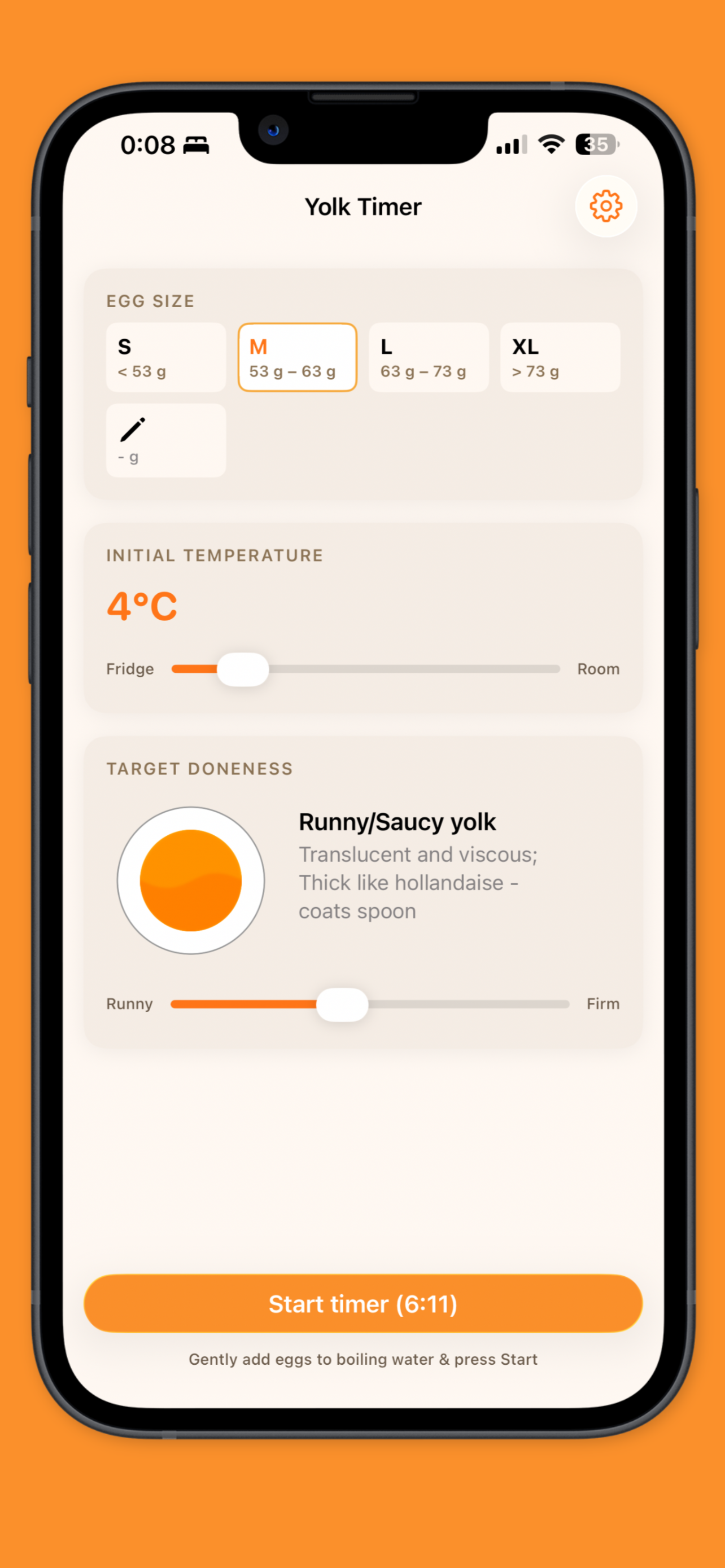 Yolk Timer doneness selection screen with clear cooking options.